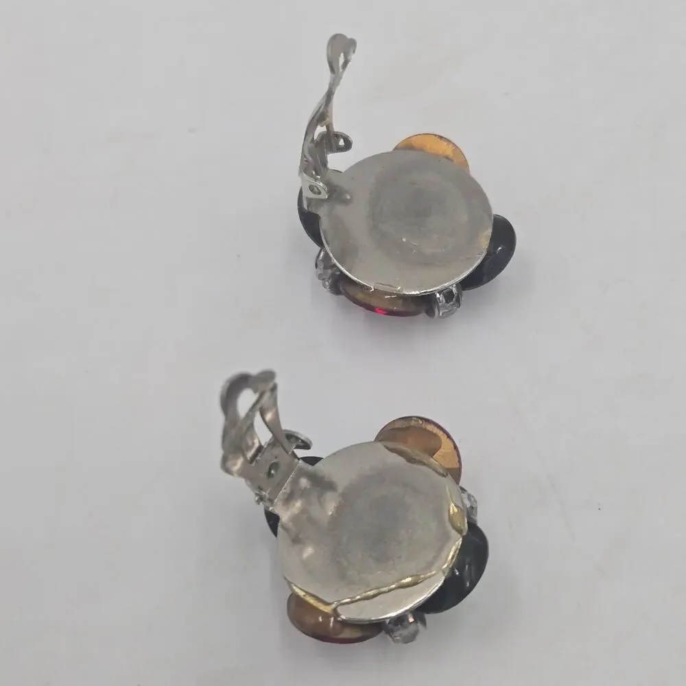 Vtg Red Black Clear Rhinestone Clip On Earrings Silver Tone Statement Cluster